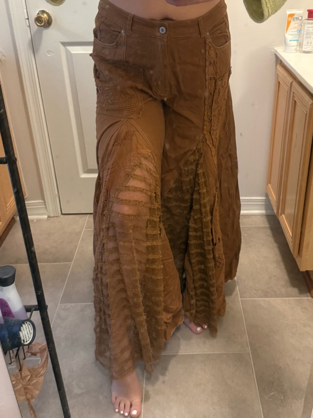We The Free Brown Boho Flare Crochet-Panel Pants